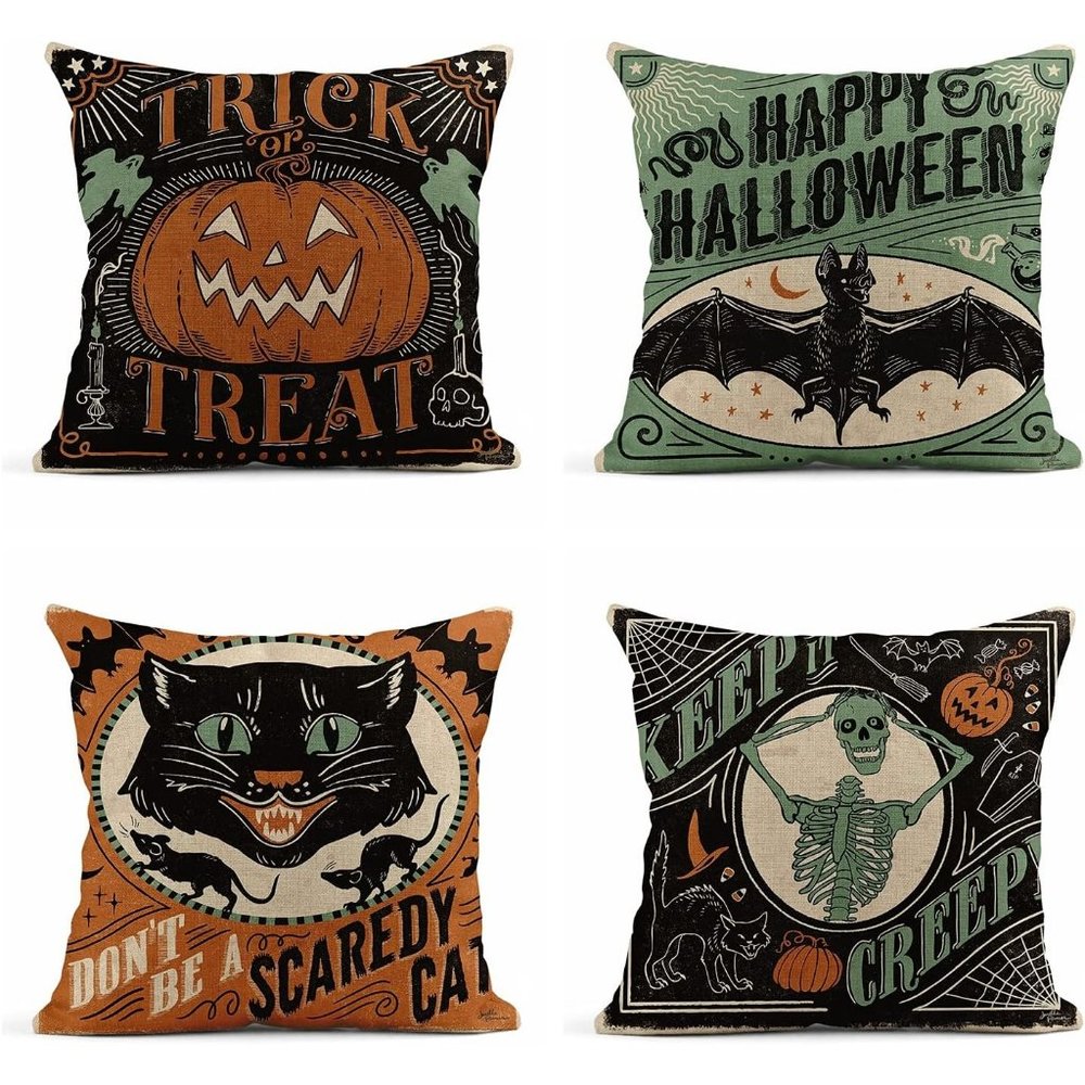 Halloween Set of 4 Linen 18x18 Inch Vintage Scaredy Cats Pumpkin Pillow Covers